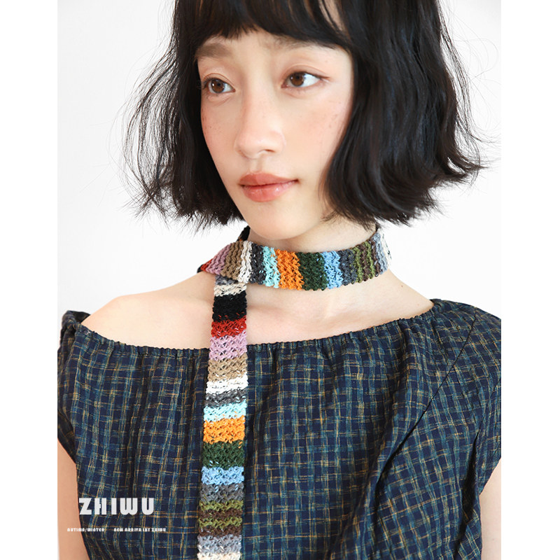 ZHIWU~春夏日系原宿风彩色编织小长条围巾女窄飘带系脖丝巾腰带