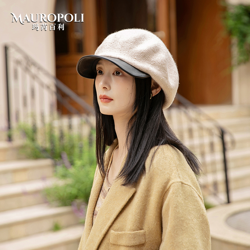 日系羊毛针织帽子女鸭舌帽秋冬薄款pu帽檐大头围堆堆帽新款显脸小