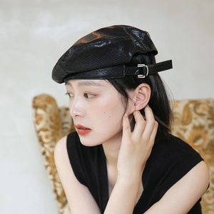 贝雷帽女PU皮质复古百搭画家帽黑色韩系英伦休闲蓓蕾帽春秋帽子女