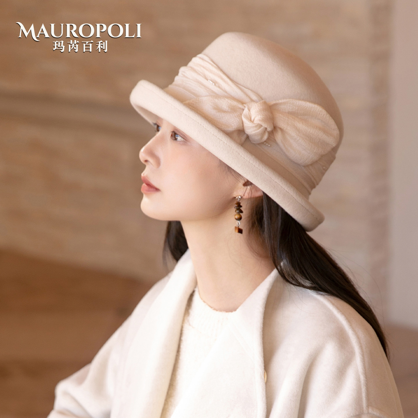 100%纯羊毛白色礼帽法式赫本风