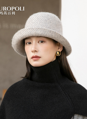秋季法式羊毛渔夫帽女冬天显脸小卷边盆帽高颅顶优雅灰色帽子女款