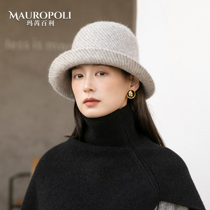 秋季法式羊毛渔夫帽女冬天显脸小卷边盆帽高颅顶优雅灰色帽子女款