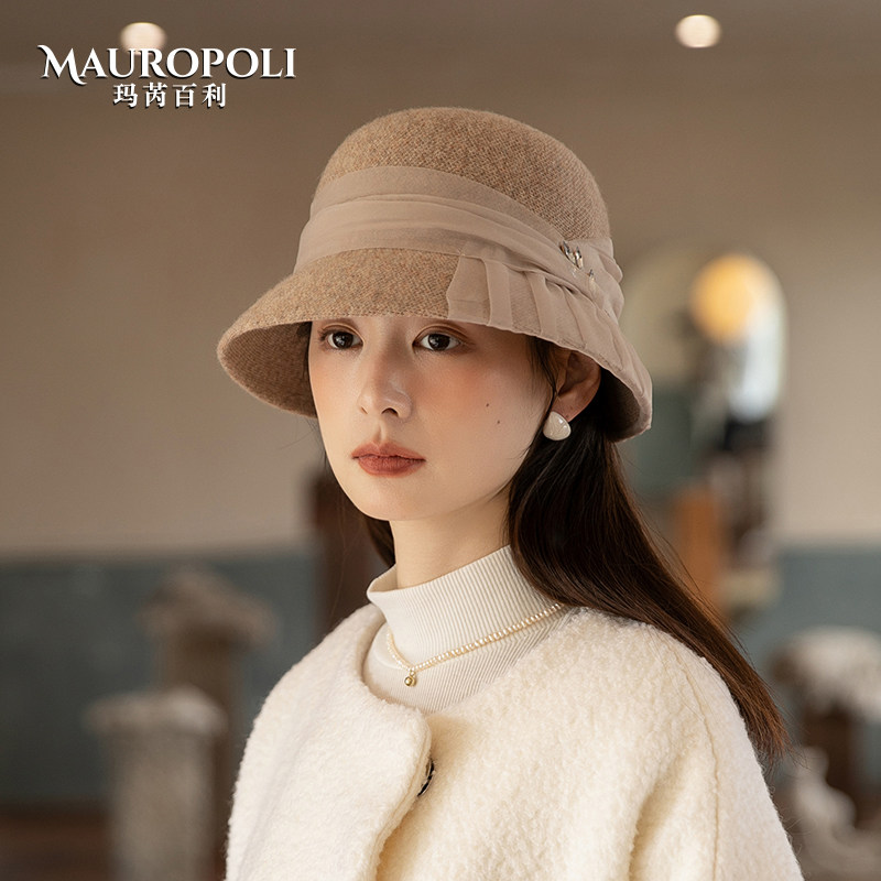 渔夫帽女秋冬针织羊毛欧根纱盆帽