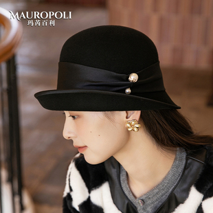 新款黑色法式卷边礼帽女秋冬赫本风纯羊毛渔夫帽时尚名媛女士毡帽