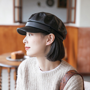 春秋报童帽女皮质PU八角帽日系百搭韩版短檐鸭舌帽女士时尚遮阳帽