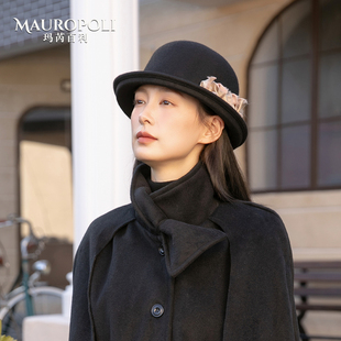 黑色羊毛礼帽女士保暖帽子女款2025新款冬圆顶卷边法式赫本风盆帽