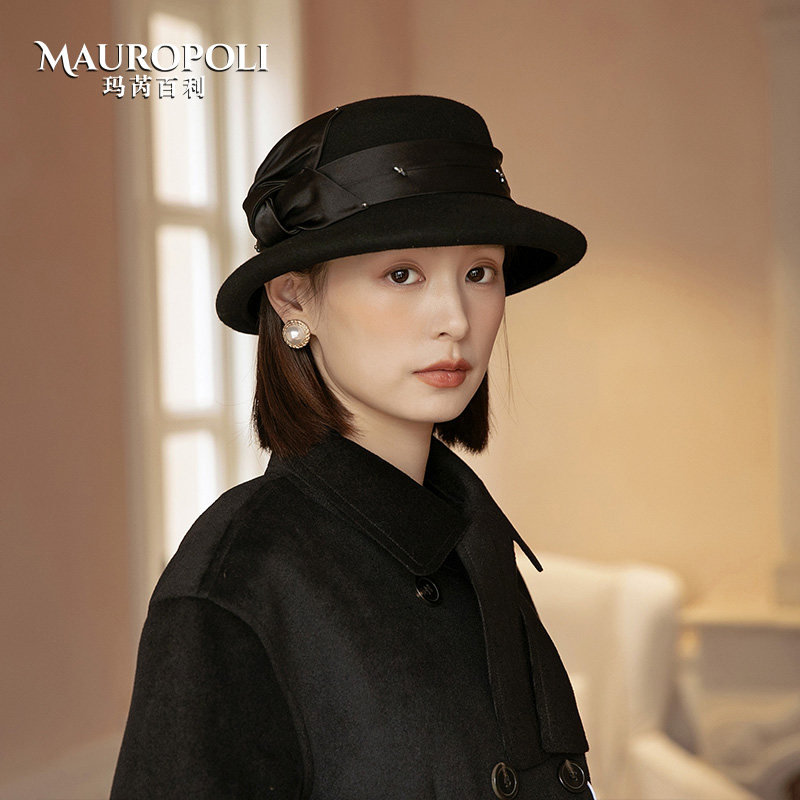 黑色复古渔夫帽女秋冬季新款保温羊毛毡帽赫本风优雅气质礼帽百搭