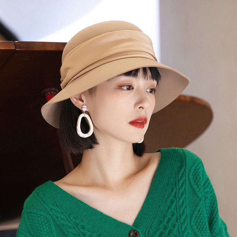 95+纯羊毛毡帽细腻毛呢渔夫帽秋