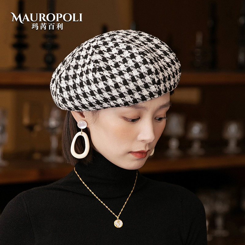 贝雷帽女秋冬季千鸟格黑白画家帽