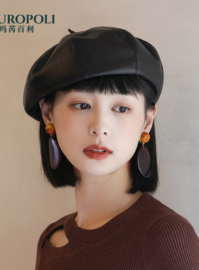 黑色贝雷帽女秋冬复古韩版百搭逛街PU蓓蕾帽时尚皮质画家帽优雅潮