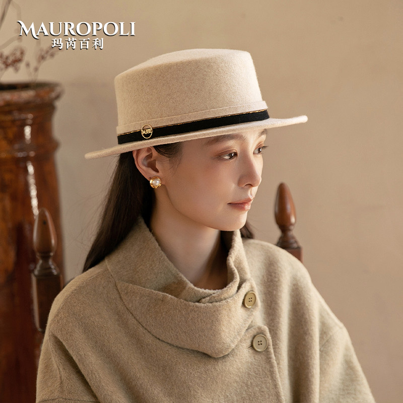 礼帽女秋冬平檐定型羊毛毡帽