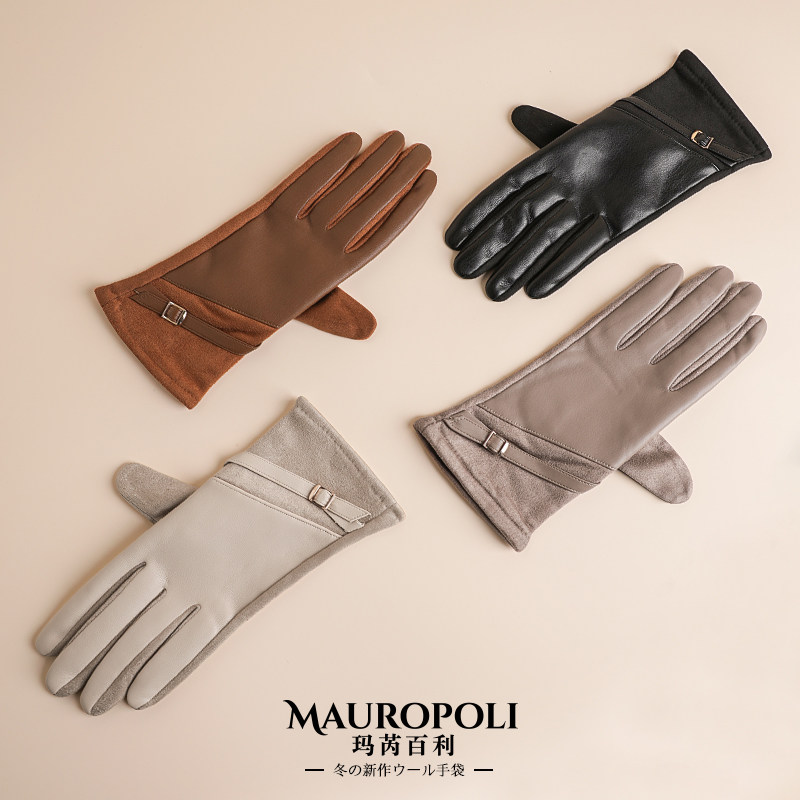 鹿皮绒手套女冬季PU皮质加绒加厚