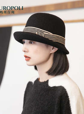 卷边盆帽女秋冬新款羊毛帽子复古优雅时尚毡帽女英伦毛呢渔夫帽女