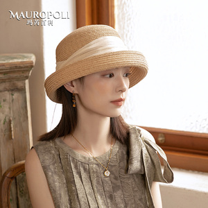 法式拉菲草帽女新款遮阳帽夏季可折叠卷边防晒帽女款时尚草编盆帽