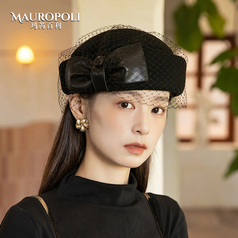 礼帽女秋冬纯羊毛优雅网纱贝雷帽