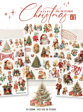 兔子家轻复古拼贴手帐素材布用转印纸刮刮乐贴纸圣诞节复古Rub on