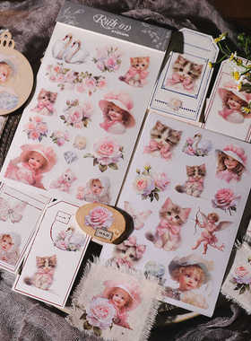 兔子家轻复古拼贴手帐素材布用转印纸日记装饰手账猫咪女孩Rub on