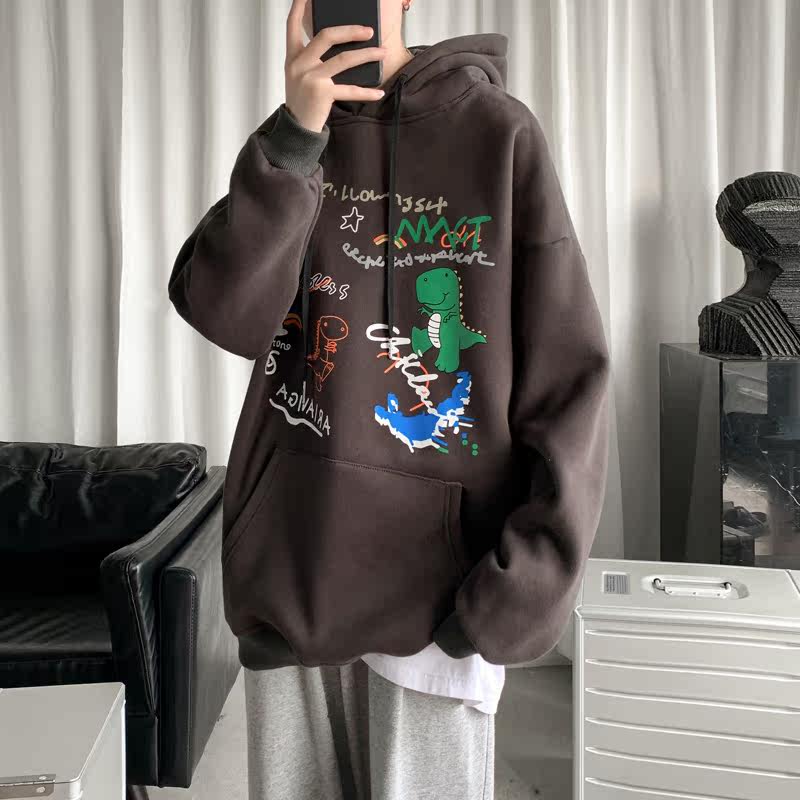 Hong Kong Style autumn and winter men's cartoon sweater Plush casual hooded fashion coat