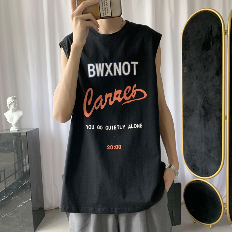 2021 summer men's loose waistcoat casual personalized printed cotton sleeveless T-shirt trend