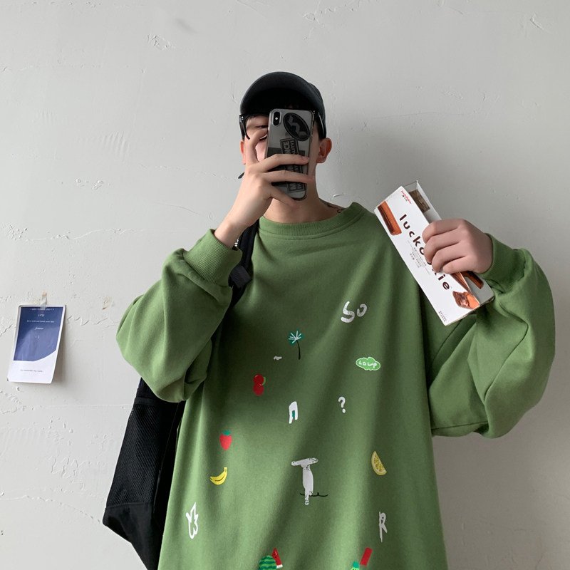 Autumn and Winter Hong Kong Style crew neck Pullover print personalized sweater casual Korean top fashion