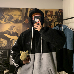 Winter new Hong Kong Style lamb wool Hooded Coat loose color contrast casual trend cotton man