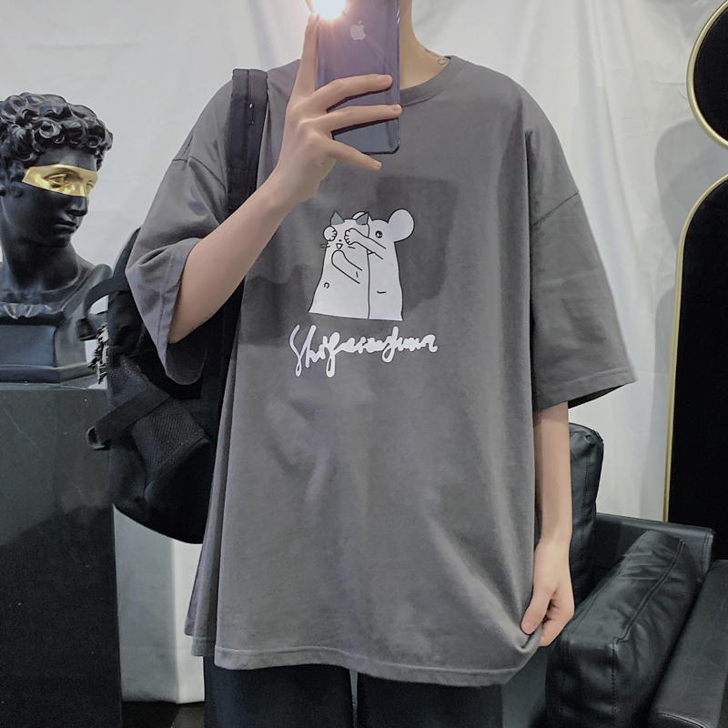 Short sleeve men's Hong Kong style summer T-shirt 2021 loose all cotton trend printed round neck top