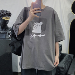 Short sleeve men's Hong Kong style summer T-shirt 2021 loose all cotton trend printed round neck top