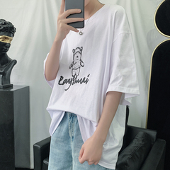Short sleeve men's 2021 summer new Hong Kong Style T-shirt round neck Korean cotton loose top