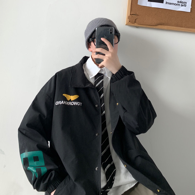 Korean autumn casual Top Men's loose fashion printed coat port style jacket