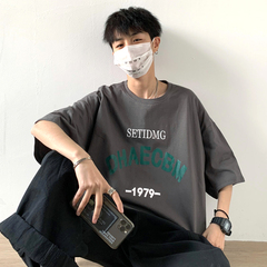 Hong Kong style short sleeve t-shirt men's summer new round neck loose print cotton half sleeve top