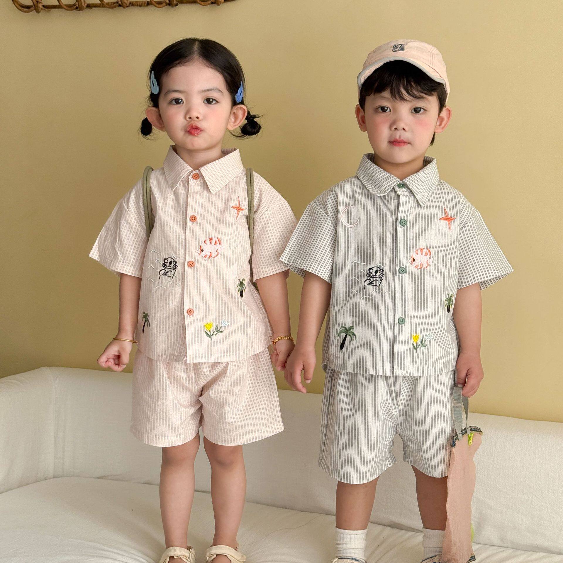儿童夏季衬衫套装宝宝纯棉条纹女童2026新款宽松男童休闲短袖短裤