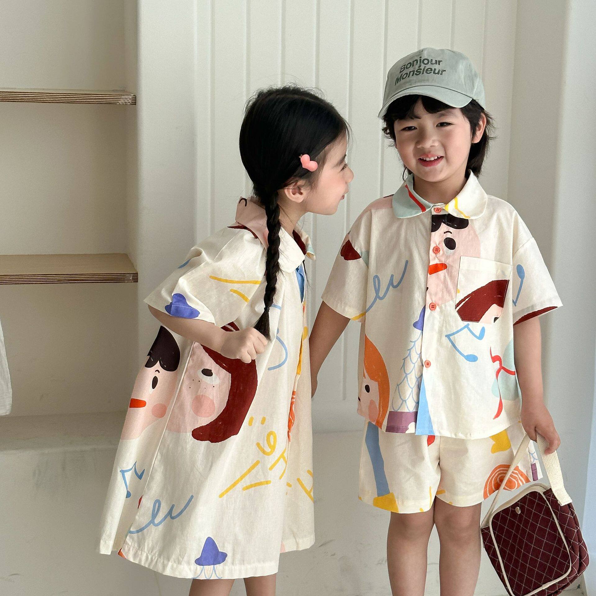 兄妹装儿童夏季纯棉衬衫套装男童2025新款宝宝女童短袖涂鸦连衣裙