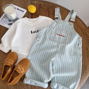 女童长裤 儿童背带裤 子宝宝做旧牛仔裤 男童休闲裤 条纹2026春秋新款