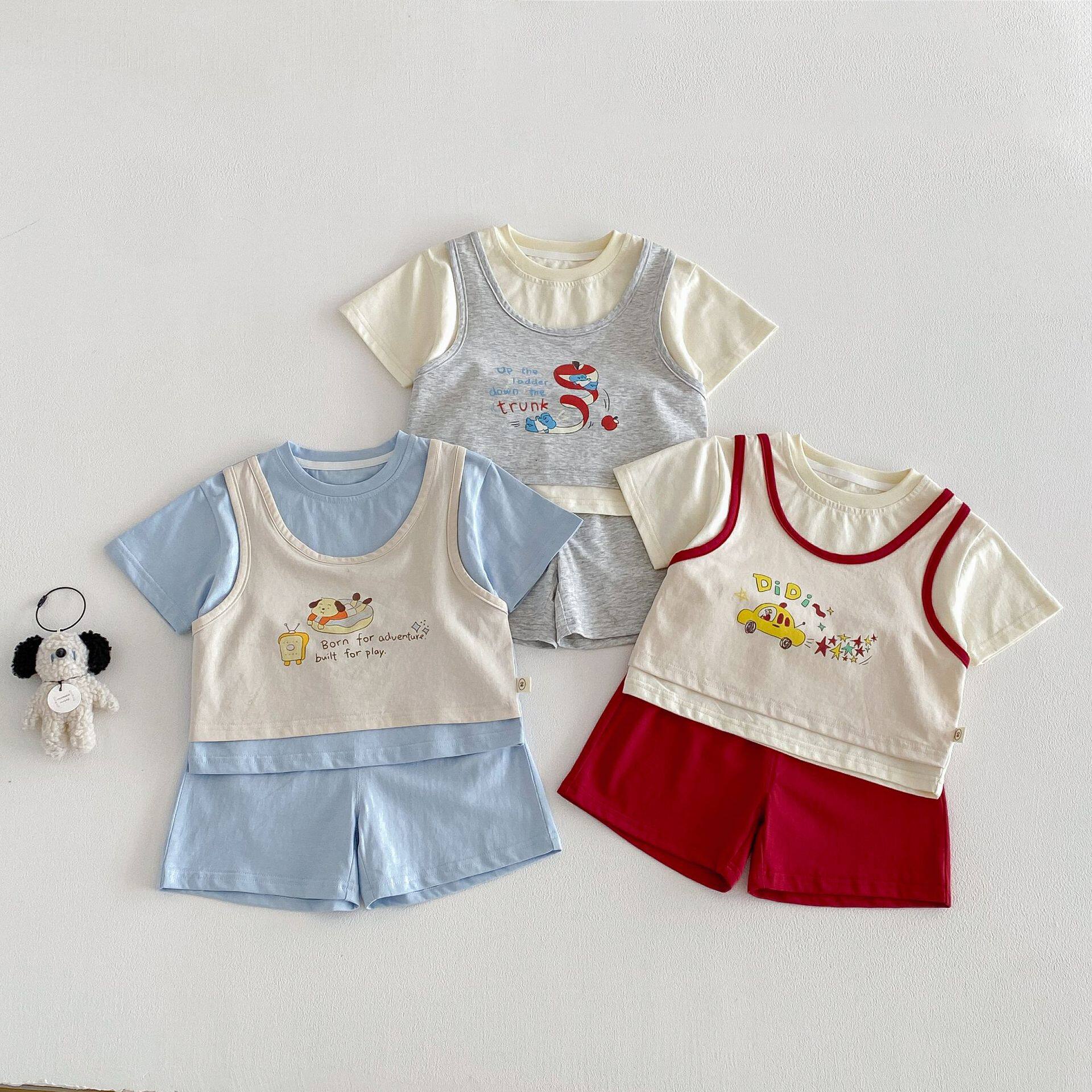 男童运动套装2026新款夏季宝宝假两件卡通印花T恤儿童短裤两件套