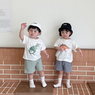 儿童棉纯棉短袖T恤可爱恐龙夏季新款短裤男女套装2026韩国童装