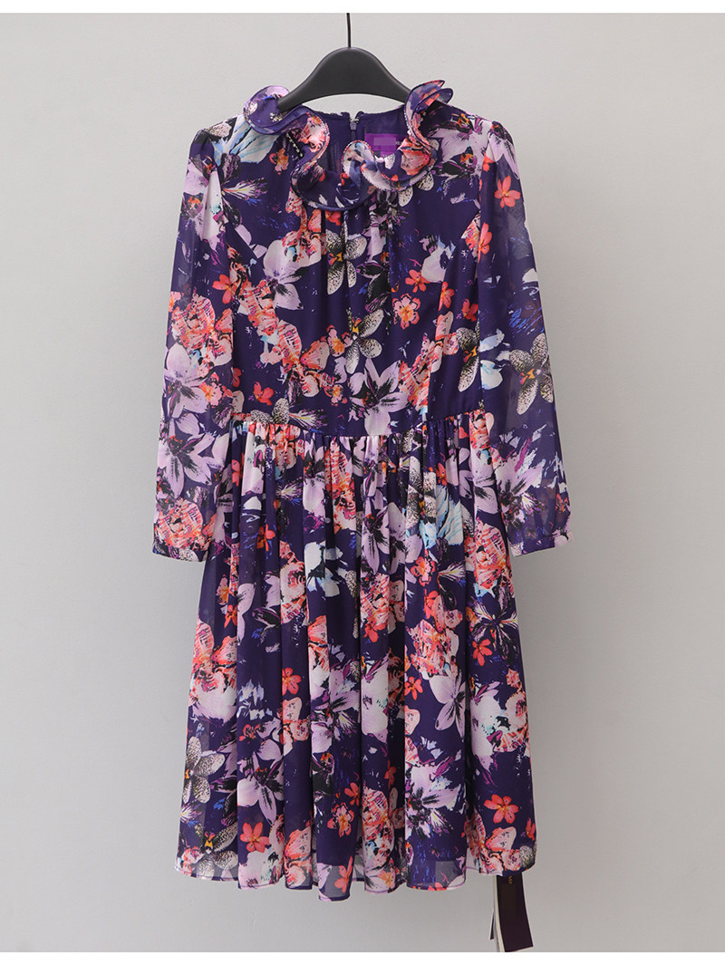 米欧n高端大牌女装折扣专柜正品3860春飘逸荷叶领印花连衣裙花裙