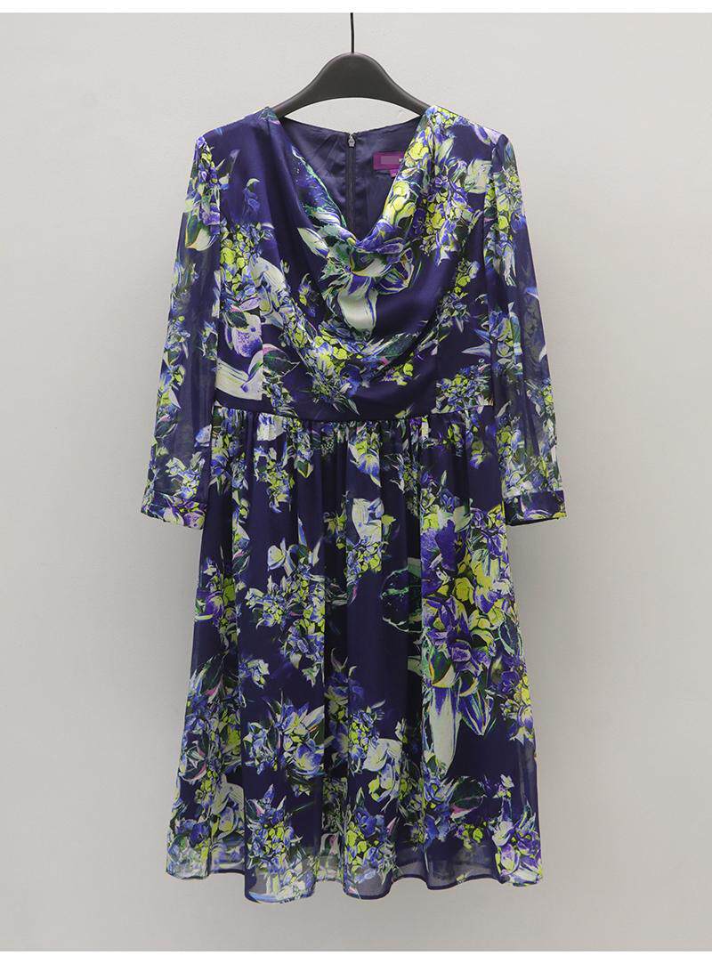 米欧n高端大牌女装折扣专柜正品3860春夏七分袖印花荡领连衣裙