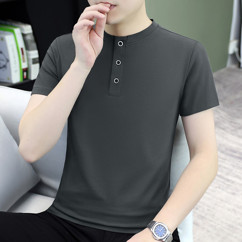 纯棉亨利领修身纽扣短袖T恤男
