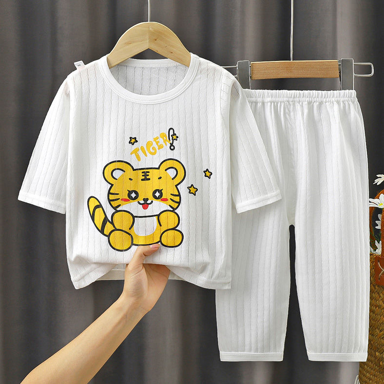 夏季男童夏装女童家居服套装宝宝空调服纯棉儿童睡衣薄款女孩