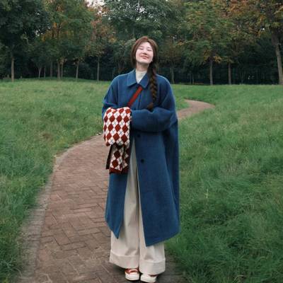 克莱因蓝高级感毛呢外套女春季新款中长款韩系小个子双面羊绒大衣