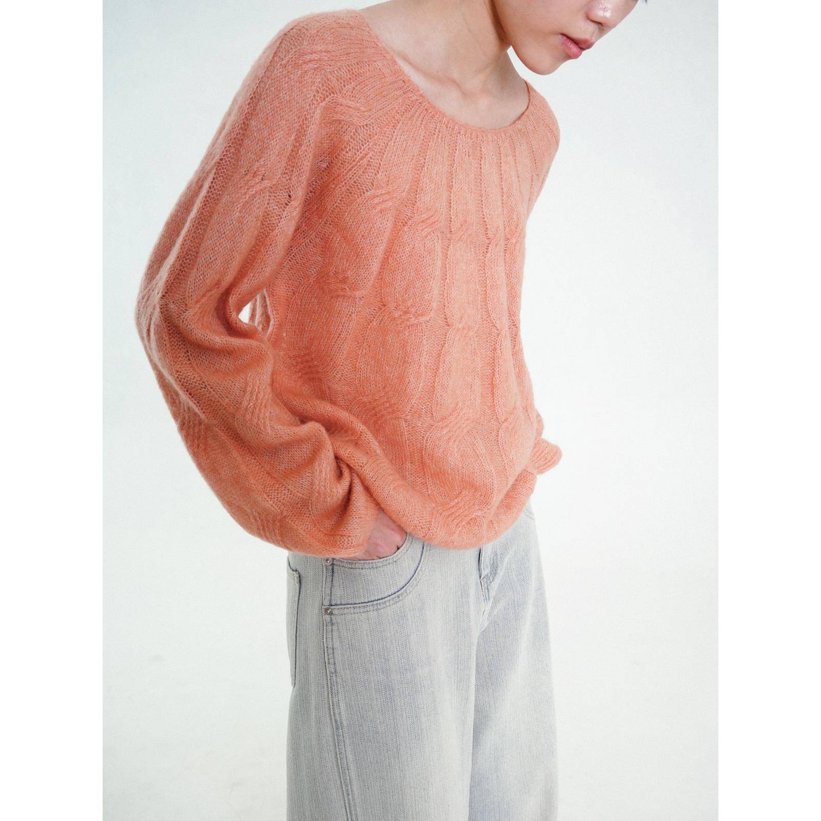 茫岛modello 桃映余晖!橘粉色温柔马海毛麻花春秋上衣针织毛衣女