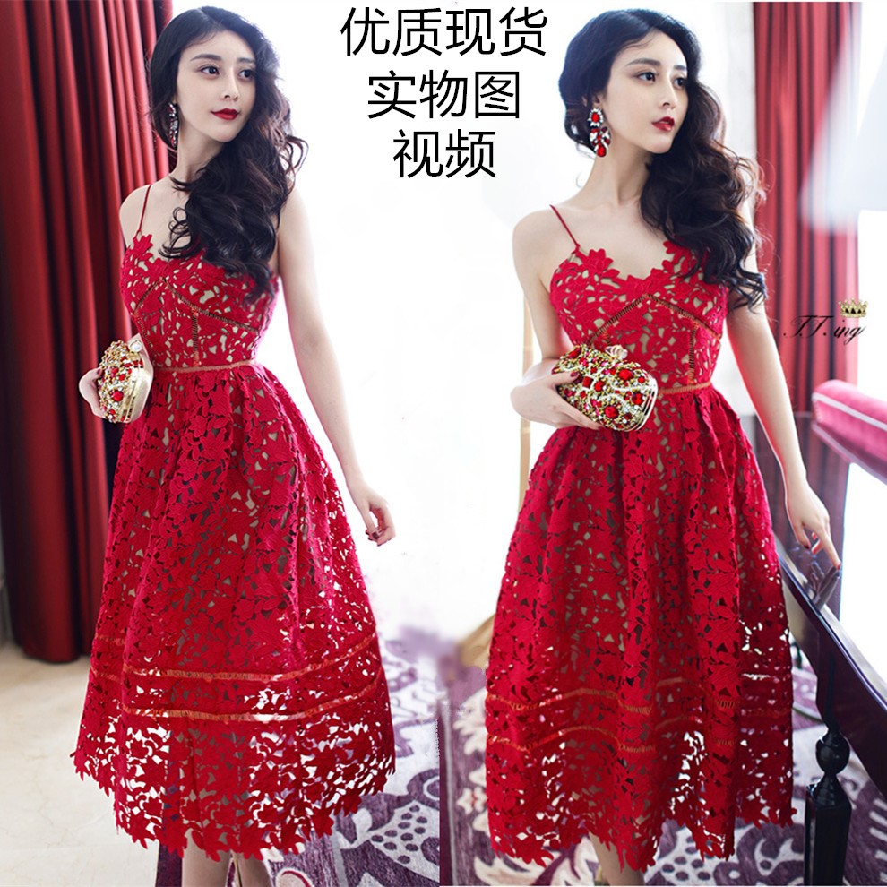 2019春夏镂空水溶蕾丝吊带连衣裙欧洲站红色礼服度假中长裙沙滩裙在类目 女装/女士精品, 连衣裙中 - 来自Buy2taobao.com提供专业的淘宝代购服务