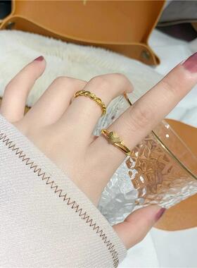 越GJ-110南沙金爱调心麻花开口戒黄指铜金女镀士时尚磨砂可节戒指