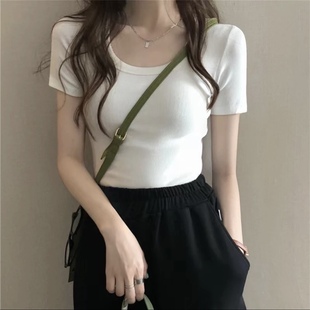 紫皇冠 T恤百搭修身 打底衫 純色夏t恤女上衣 小眾設計螺紋大U領短袖