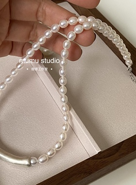 原创简单天然强光淡水真珍珠米珠项链毛衣链足银锁骨链独特质朴