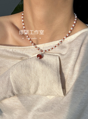 新中式红玛瑙原创淡水珍珠毛衣链锁骨链原创项链本命年生日礼物