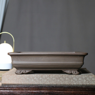 宜兴紫砂花盆中线云足长方手工盆景盆老紫泥青灰泥树桩梅桩专用