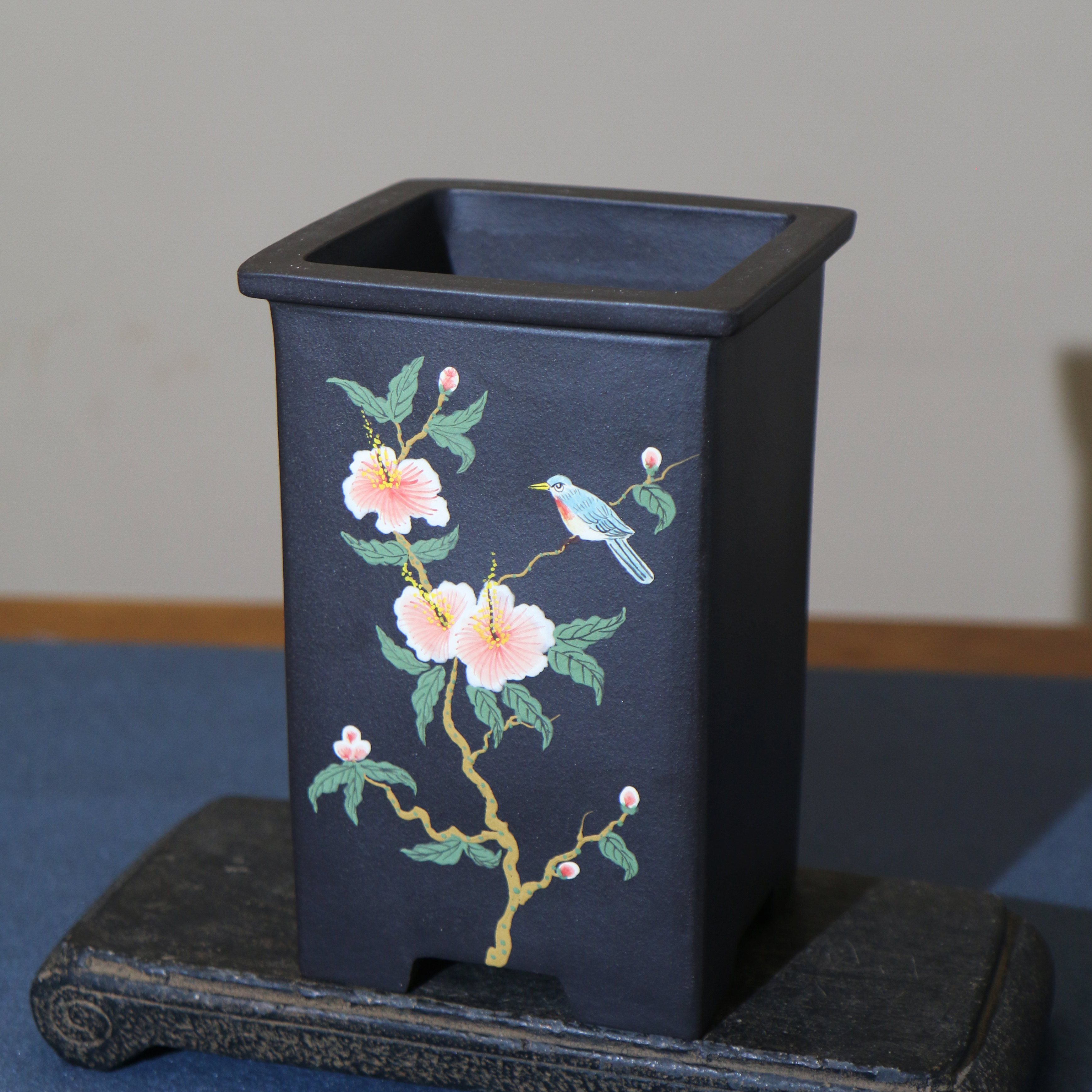 紫砂花盆中式方形手工彩绘花鸟浮雕国风系列古典桌面盆景盆兰花盆