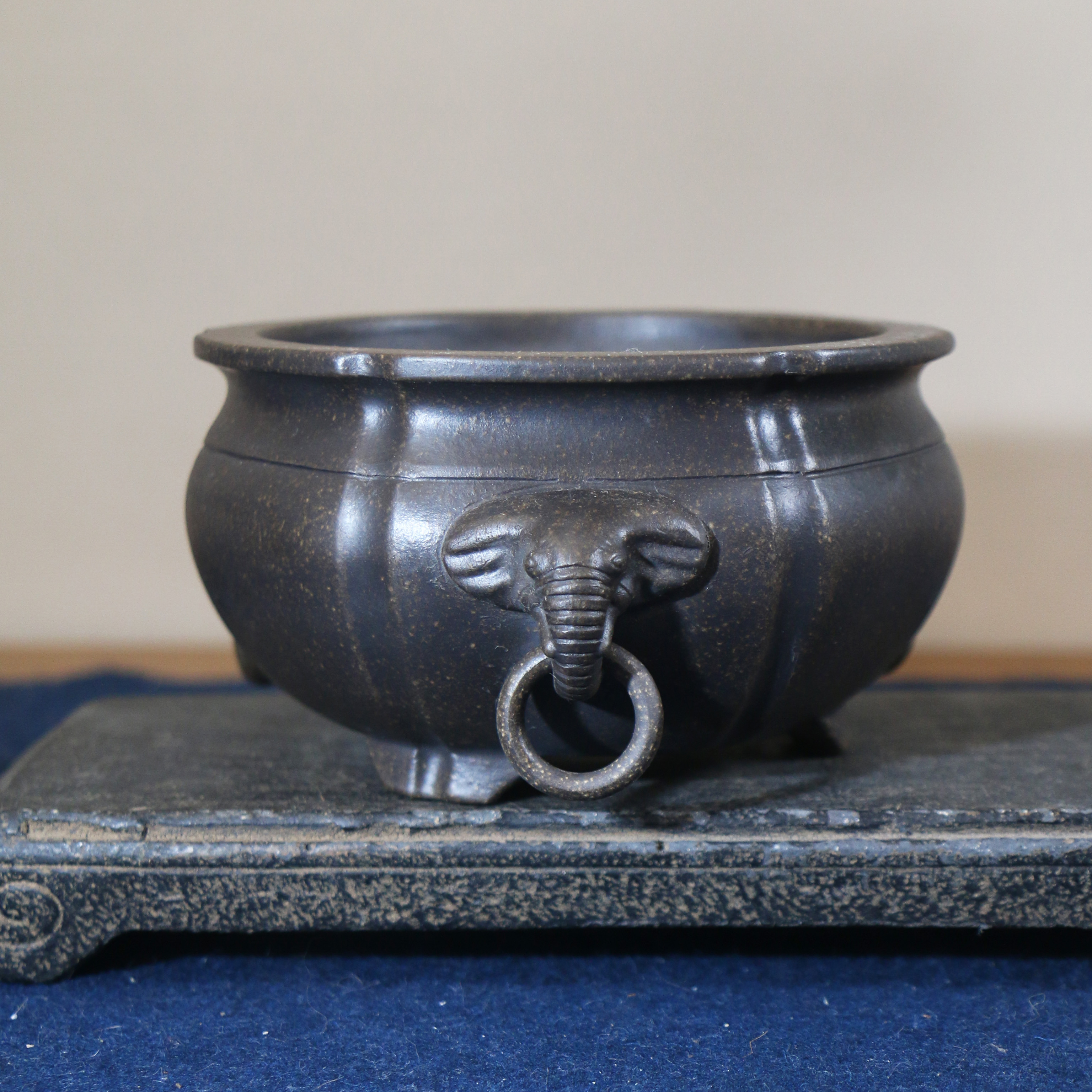 紫砂花盆手工盆景盆大象鼻老门把手门环经典古典仿古老盆东南亚风