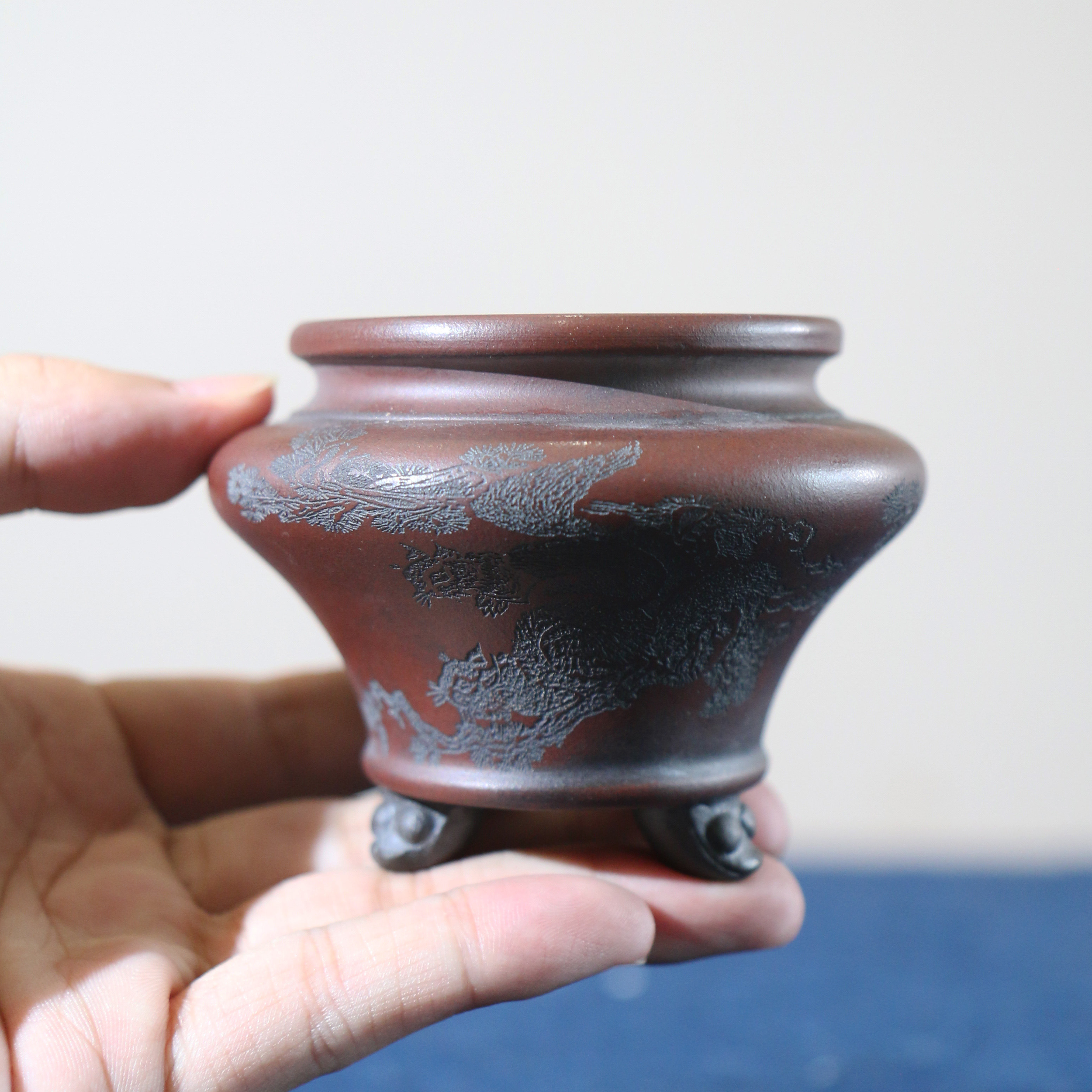 紫砂花盆圆形手工盆景盆三足盆小盆菖蒲盆仿古典微型中国风清水泥